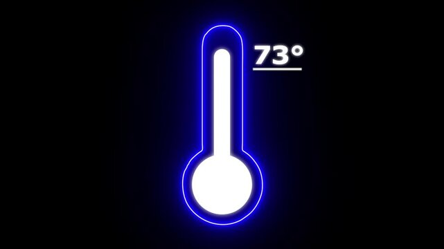 Neon Celsius thermometer displayed temperature 73 degree. Thermometer equipment showing hot or cold weather. 4K Video motion graphic animation.