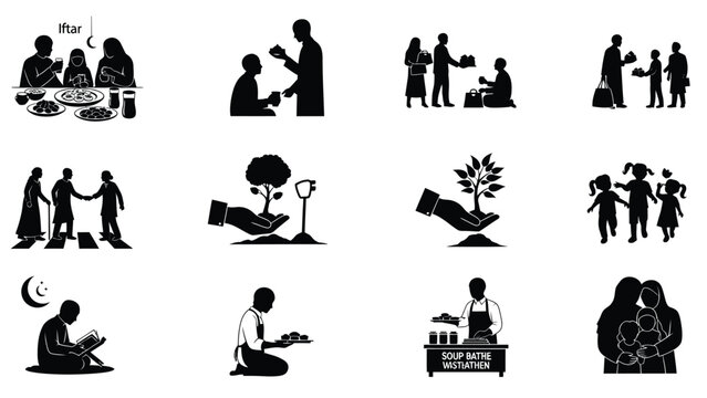Black illustrations of people engaged in acts of kindness and charity white white with compassion and helping Silhouette vector on whit Background