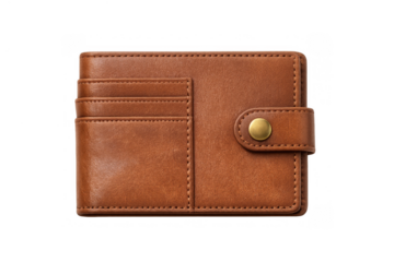 Brown leather wallet with brass button closure and multiple card slots on transparent background