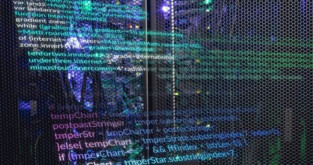 Animation of multicolored computer language over illuminated data server system - Powered by Adobe