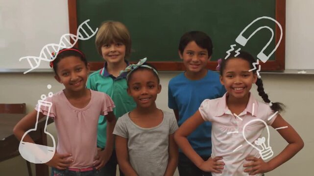 Animation of science icons over diverse schoolchildren in classroom