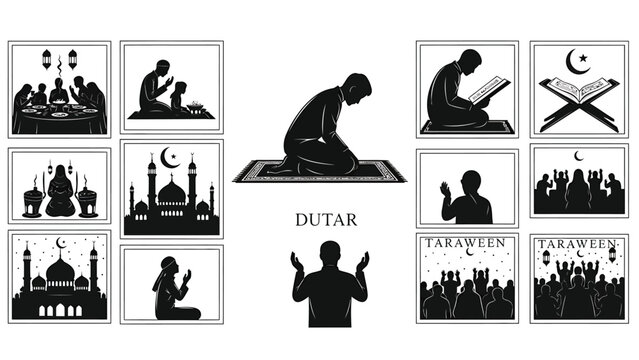 graphic depicting various islamic scenes and symbols including people praying reading quran mosque tarawih Silhouette vector on whit Background