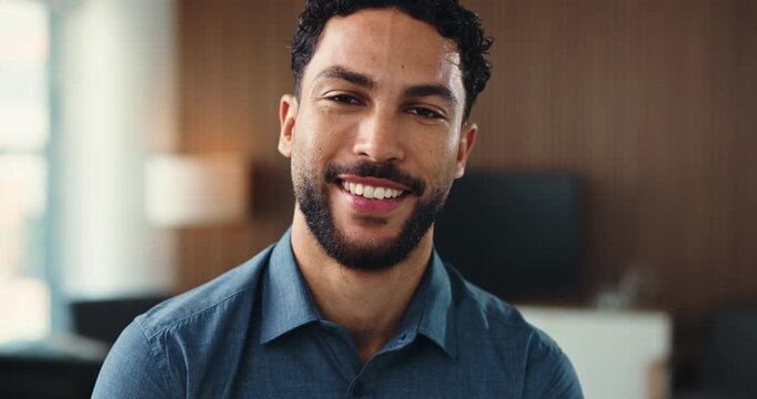 Office, face and businessman with ambition, smile and paralegal with career development or confident. Happy, legal assistant and person with pride in law firm, laughing and opportunity in Brazil