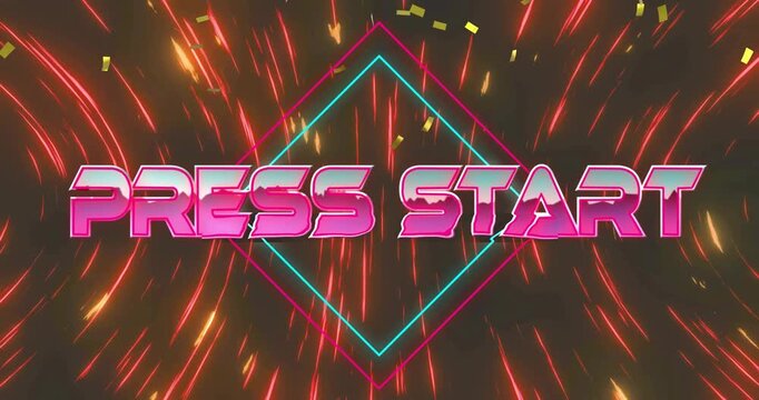 Animation of press start text over neon pattern background