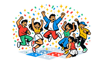 Fototapeta premium Vibrant Dance Celebration. Dance Floor Celebration. A packed crowd jumping and dancing, sparkles raining down