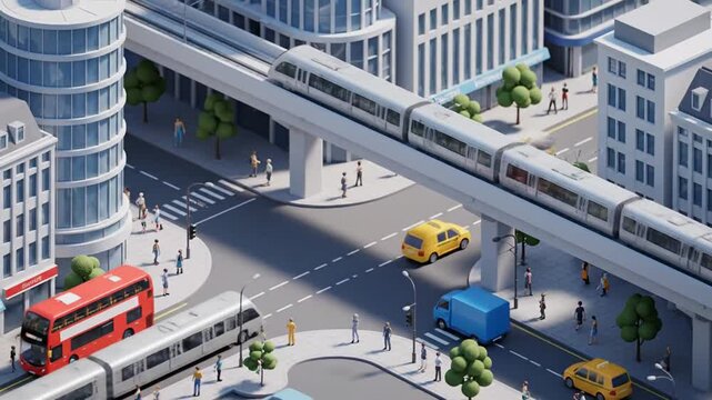 Modern city transportation system with elevated train and bus