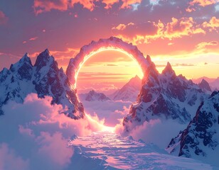 Sunrise illuminates portal above snowy mountain peaks