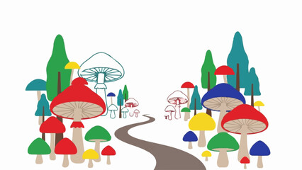 Fototapeta premium Whimsical pathway through a colorful, stylized forest of large and small mushrooms