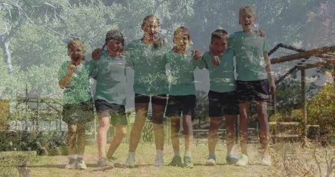 Children in sportswear standing together outdoors on sunny day, creating animation