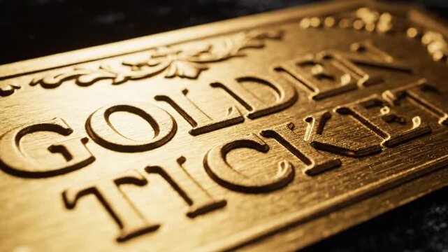 A close-up, detailed shot of a golden ticket with embossed lettering.
