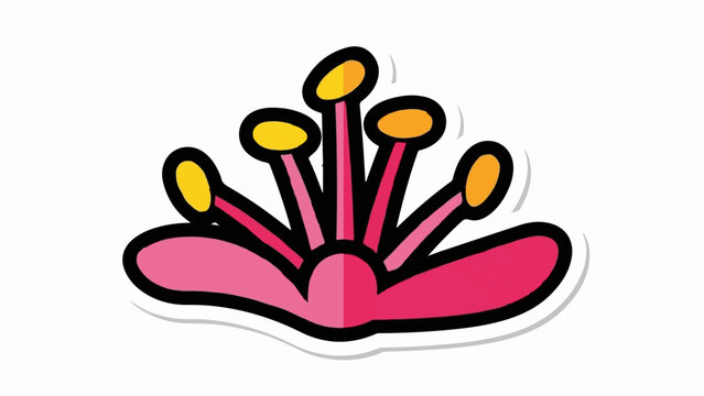 Whimsical cartoon illustration of a pink flower's reproductive parts, anther and stamen