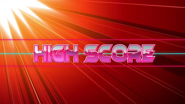Flare starting 3D HIGH SCORE text jumping center, presenting retro arcade style with neon lines