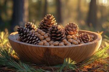 Concept of an unusual hobby is foraging.  close up of a wooden bowl with foraged pine nuts and cones on a bed of pine needles.