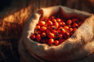 Concept of foraging. Close-up of freshly picked red rose hips in burlap, bathed in sunlight in a forest clearing.