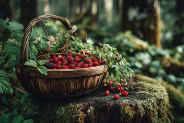 Wooden basket filled with freshly picked wild berries and herbs on a blurred forest background.