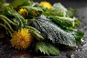 Various edible species of wild greenery, nettles and dandelion lying on stone surface. Concept of an unusual hobby is foraging.