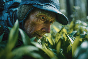 elderly man collects mushrooms, grass, wild garlic in the forest. Close-up, realistic skin texture.