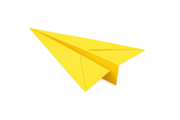 Yellow paper airplane flying, symbolizing imagination, dream, future, child, journey, message, creativity, and opportunity