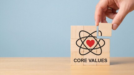 Human hand places the last wooden block to complete the core values message and atom heart symbol on a natural timber surface against a soft blue studio background