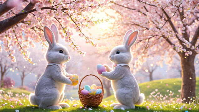 Zwei Osterhasen mit einem Korb voller bunter Ostereier unter bl&uuml;henden Kirschb&auml;umen im Fr&uuml;hling