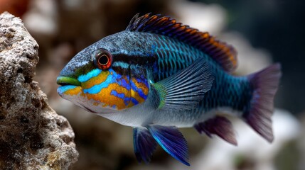 Macro shot of a colorful tropical fish swimming near coral reef.
