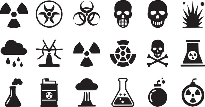 Hazard Warning Icons Set &ndash; Radiation, Biohazard, Toxic Skull and Chemical Danger Symbols Vector Collection