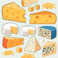 Assortment of delicious cheese varieties including swiss brie and blue cheese rendered in a cartoon food illustration style