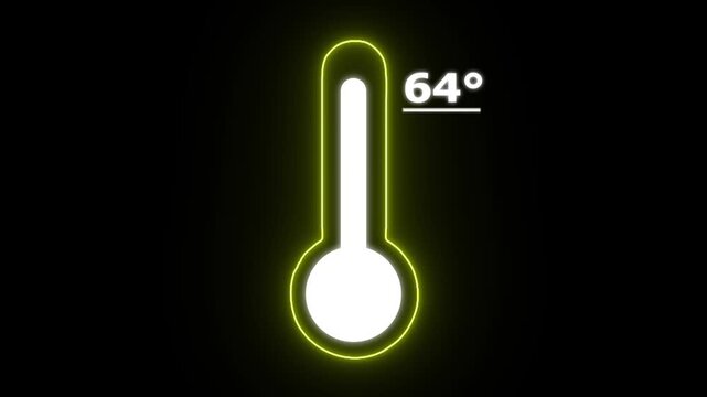 Neon Celsius thermometer displayed temperature 64 degree. Thermometer equipment showing hot or cold weather. 4K Video motion graphic animation.