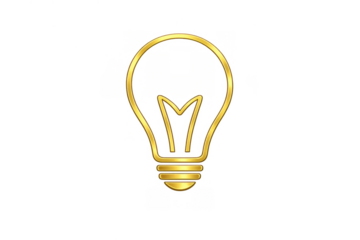 Golden outline light bulb icon symbolizing new ideas, creativity, and problem-solving, presented on a transparent background