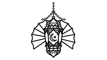 A black and white vector illustration of a hanging lantern with a crescent moon and star design