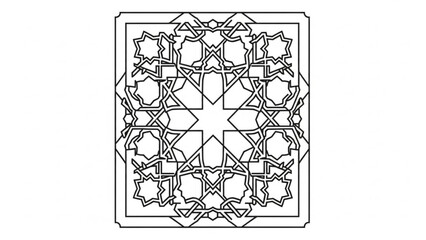 A minimalist black and white vector graphic of an intricate geometric pattern design