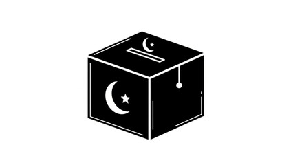 A black and white vector graphic of a ballot box with a crescent moon and star design