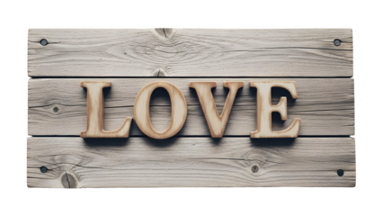 Wooden love text on rustic wooden planks isolated on transparent background
