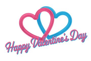 Valentines Day hearts in pink and blue neon lights with festive typography for greeting card design