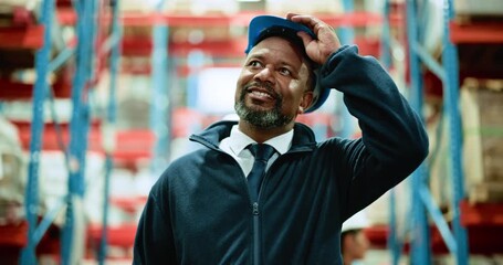 Logistics, walk or man in warehouse with hardhat, inventory inspection or pride in maintenance check. Distribution, ppe or supervisor with confidence, quality or safety management in supply chain. - Powered by Adobe