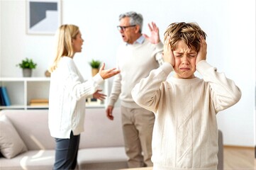 Obraz premium Child covering ears while parents argue in a modern living room with emotional tension present