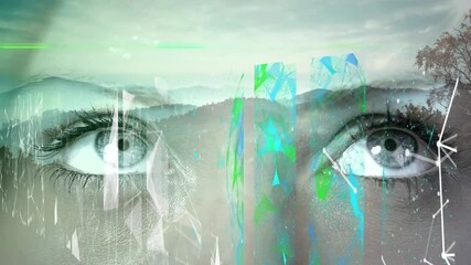 Animation of data processing over female eye - Powered by Adobe