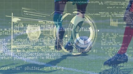 Animation of diverse data processing over legs of diverse male soccer players - Powered by Adobe