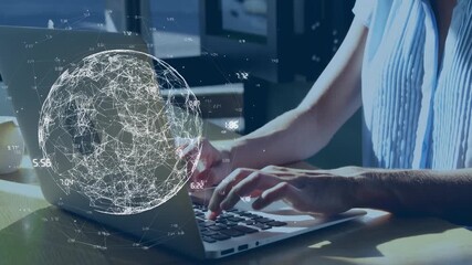 Animation of globe with network of numbers over caucasian woman using laptop - Powered by Adobe