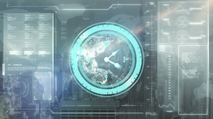 Animation of clock moving fast and data processing over cityscape - Powered by Adobe