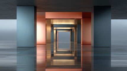 Abstract architectural space with colorful reflections and geometric shapes creating depth