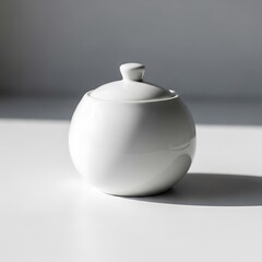 White ceramic sugar bowl with lid on white surface and gray background