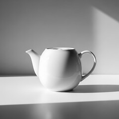 White ceramic teapot on white table with shadow  simple still life