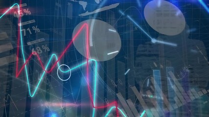 Animation of financial data and graphs processing on navy digital screen - Powered by Adobe