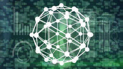 Animation of globe made of connections over data processing on black and green background - Powered by Adobe