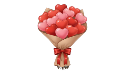 Bouquet of pink and red heart shaped balloons isolated on transparent background