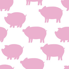 Seamless pattern pink pigs silhouette on white background for package design