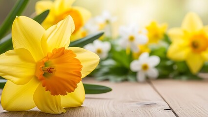 Yellow daffodil flowers on wooden table with green leaves and white flowers