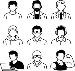 Male avatar icons set depicting various roles and styles. Minimalist outline vector illustration.