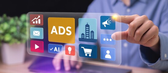 Navigating Digital Advertising: An individual interacts with a digital interface, exploring the world of ads, marketing tools, and online business strategies.